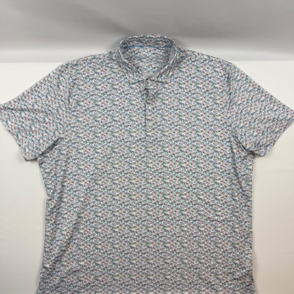 Johnnie-O Sure Shot Polo Shirt Mens XXL Malibu Blue Cassette Tape Print JMPO6390